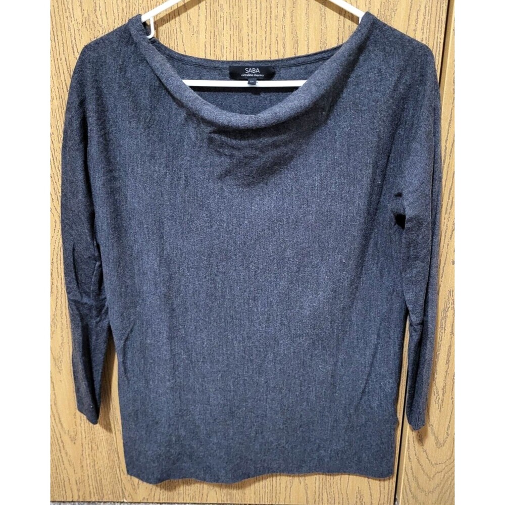 SABA Women's Dark Grey 3/4 Sleeve Pullover Knit Cowl Neck Fine Merino Wool Sz M